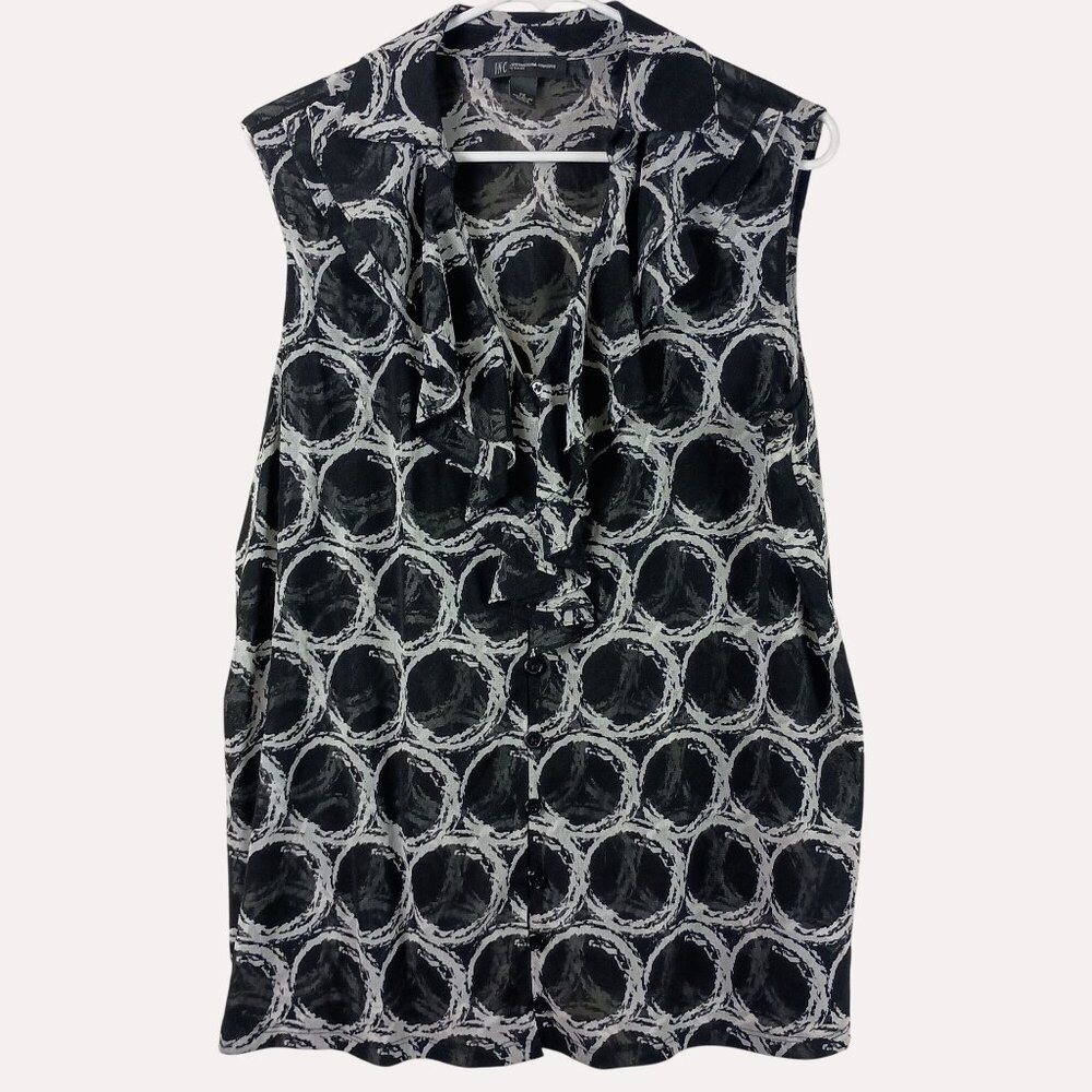 INC Blouse Abstract Ruffle Button Front Womens 2X Black White Y2K Art to Wear